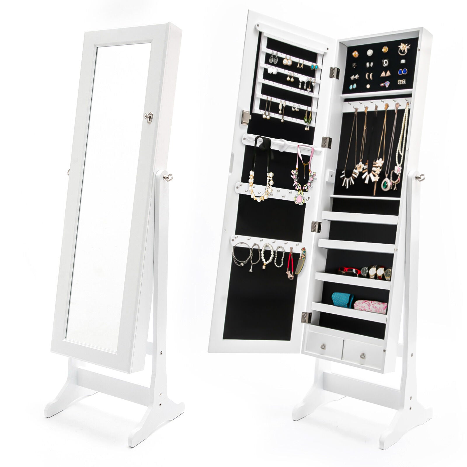 Mirror Jewellery Cabinet Organiser 2 Drawers LOWE 146cm WHITE V274-FT-2D-146WH