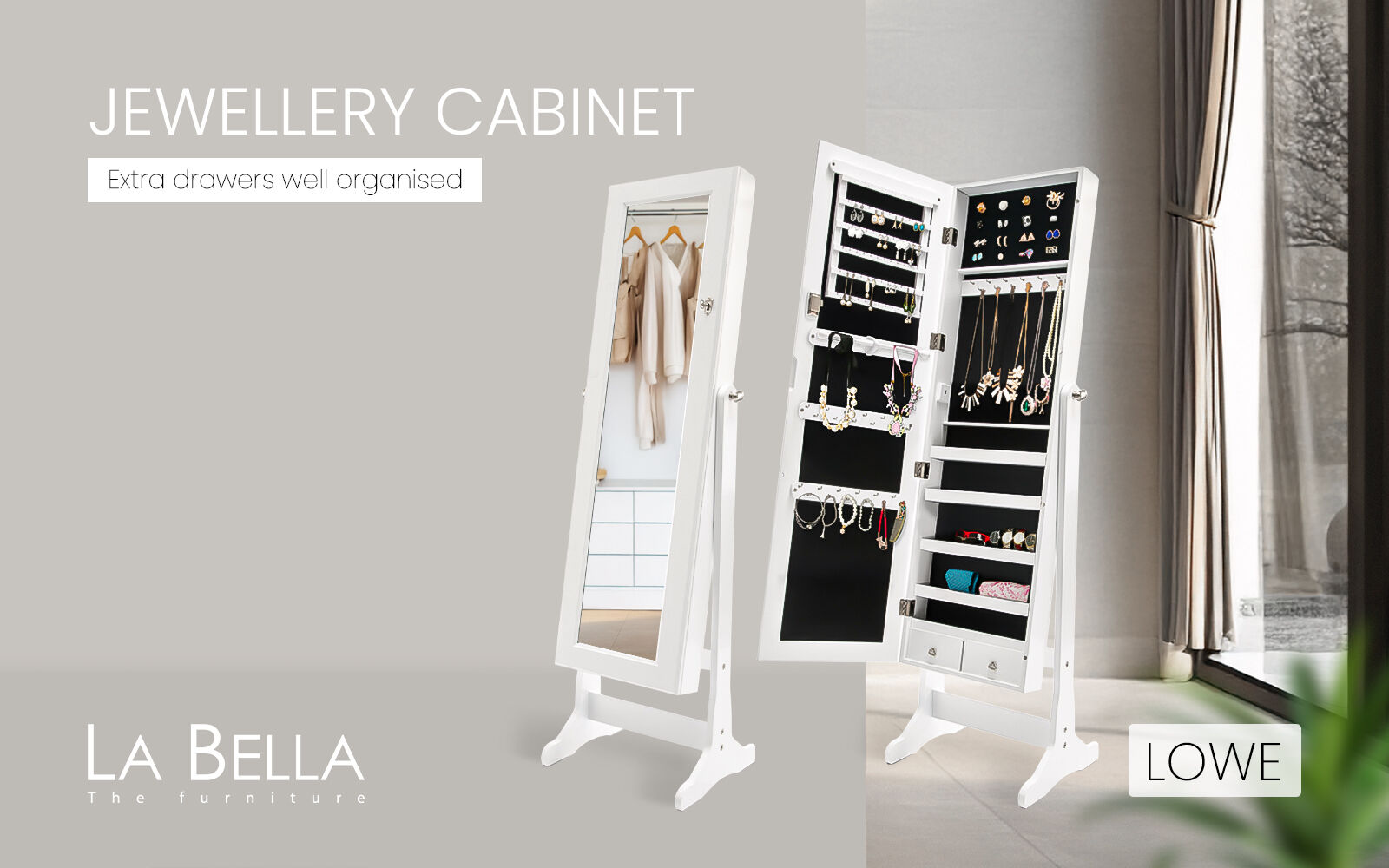 Mirror Jewellery Cabinet Organiser 2 Drawers LOWE 146cm WHITE V274-FT-2D-146WH