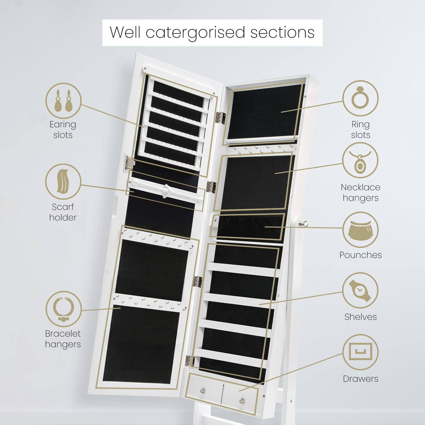 Mirror Jewellery Cabinet Organiser 2 Drawers LOWE 146cm WHITE V274-FT-2D-146WH