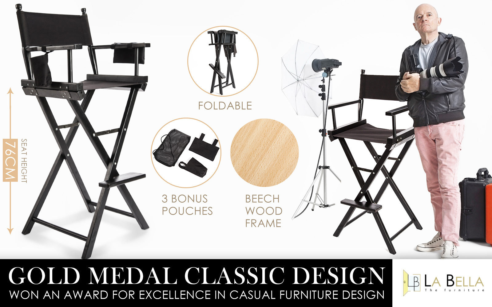 2X Director Movie Folding Tall Chair 76cm DARK HUMOR V274-FT-6015DC-BK2