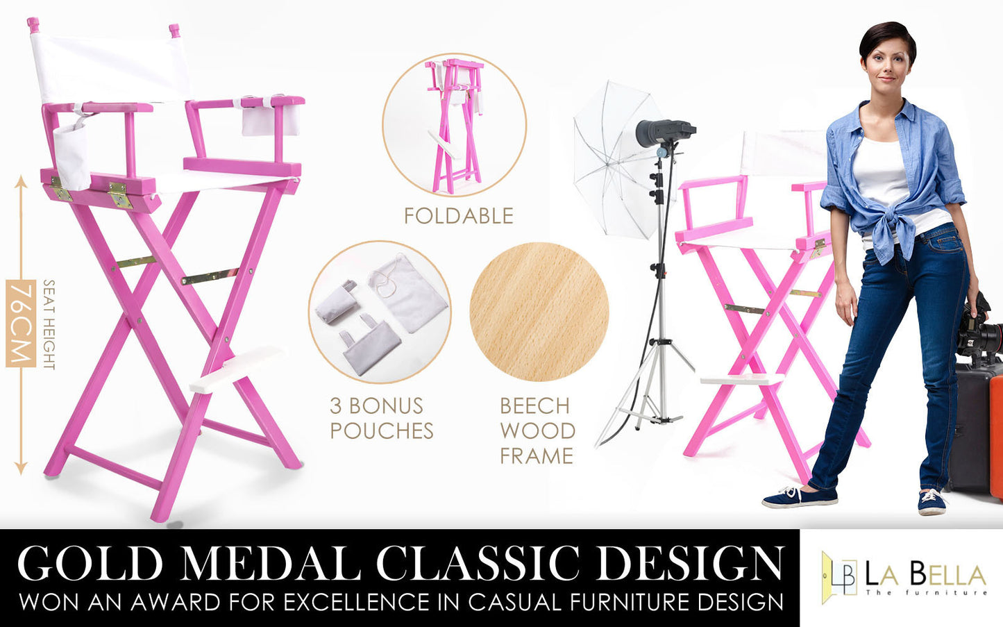 Director Movie Folding Tall Chair 76cm PINK HUMOR V274-FT-6015DC-PK