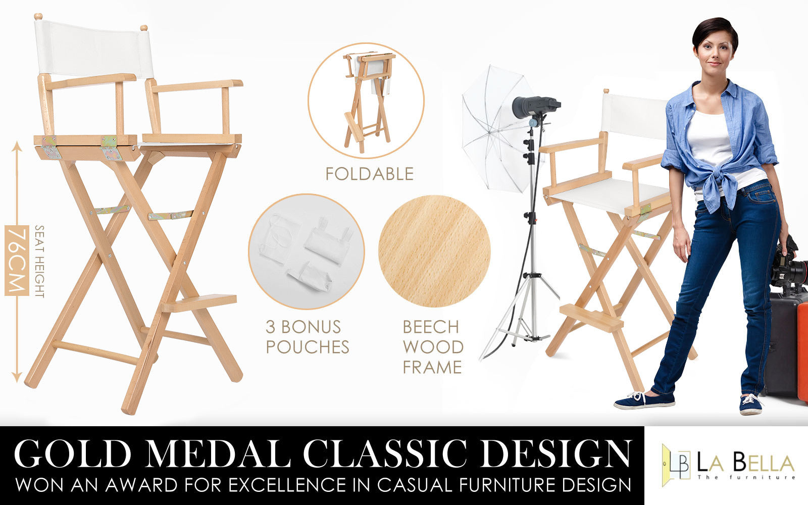 2X Director Movie Folding Tall Chair 76cm Beech WOOD HUMOR V274-FT-6015DC-WD2