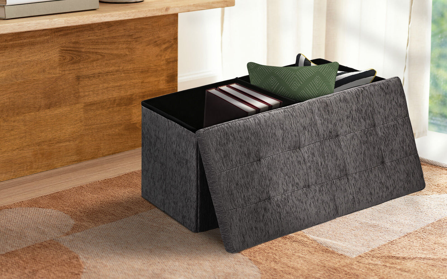 Foldable Storage Ottoman - Flip Lid Side Table Toy Blanket Organiser Seat KIRA BLACK V274-FT-BL-231611BE-BK