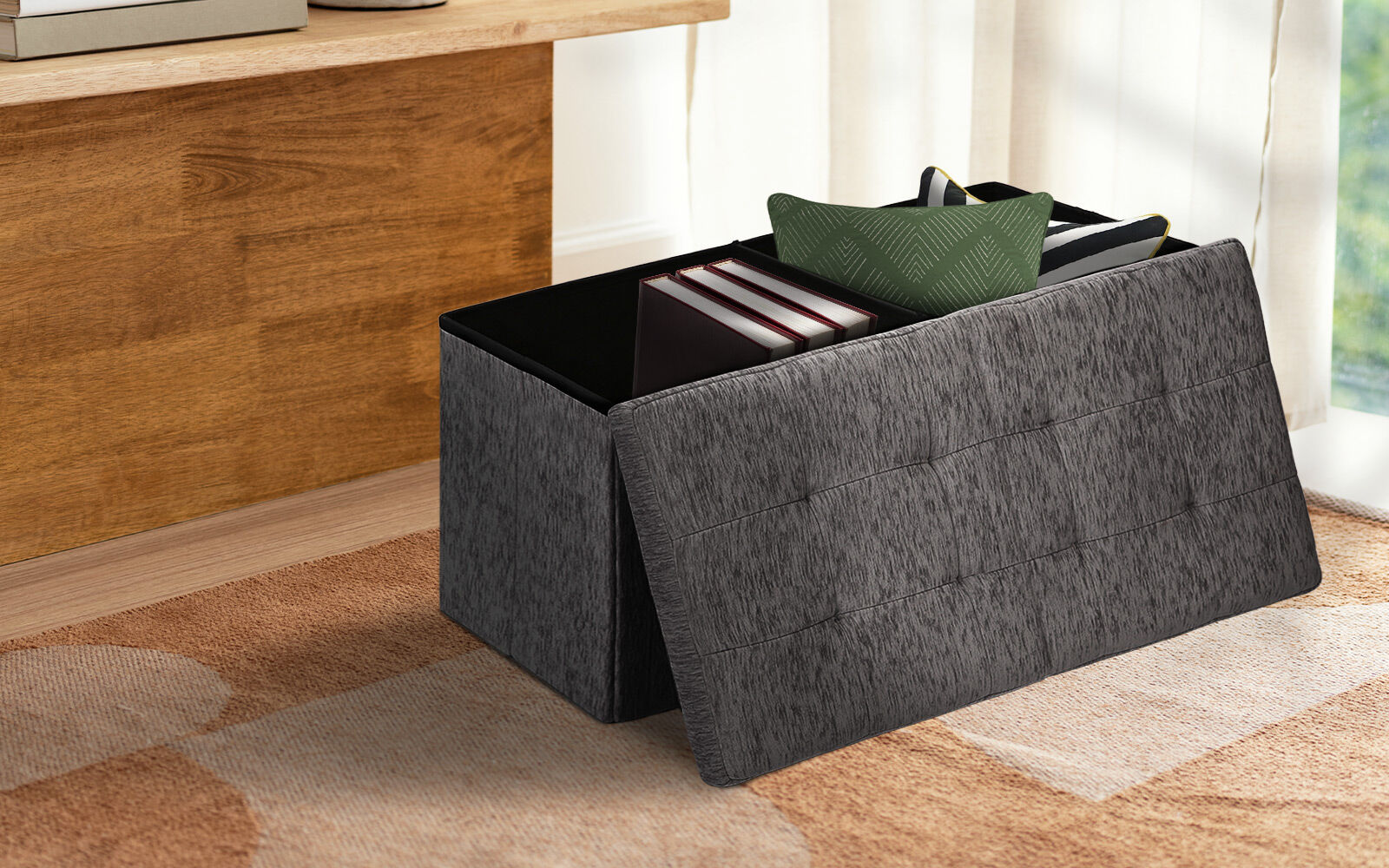Foldable Storage Ottoman - Flip Lid Side Table Toy Blanket Organiser Seat KIRA BLACK V274-FT-BL-231611BE-BK