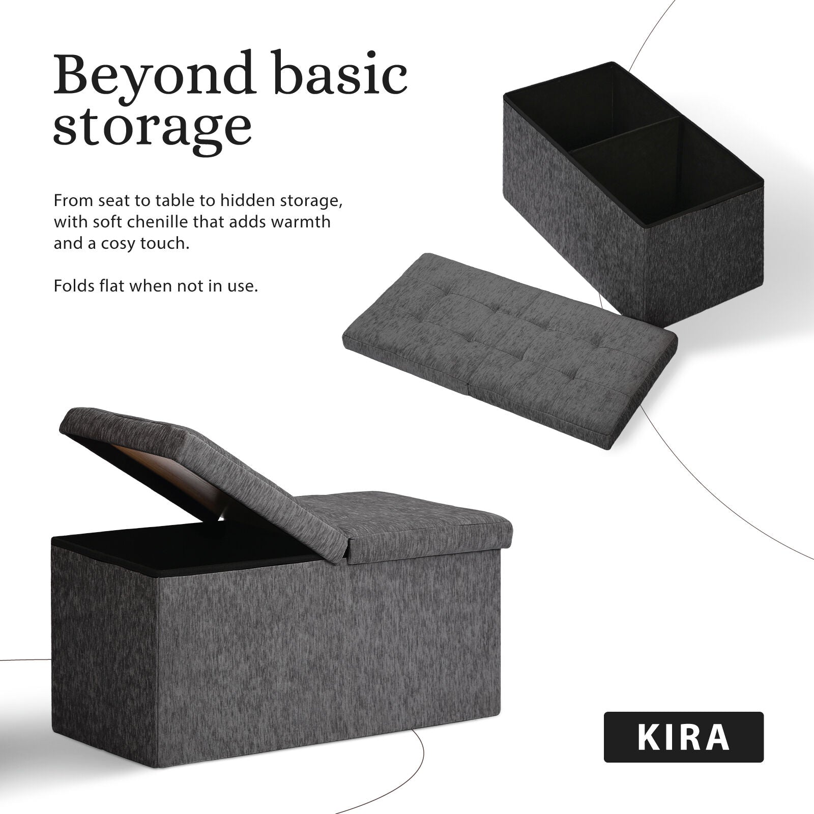 Foldable Storage Ottoman - Flip Lid Side Table Toy Blanket Organiser Seat KIRA BLACK V274-FT-BL-231611BE-BK