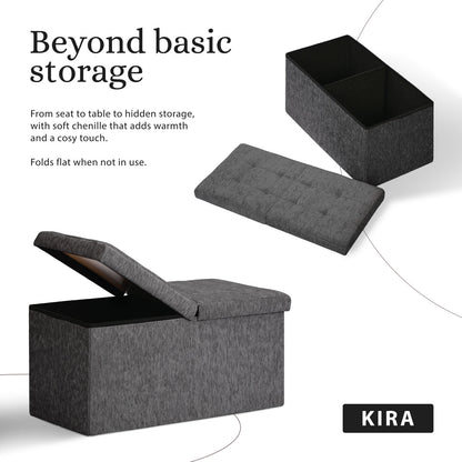 Foldable Storage Ottoman - Flip Lid Side Table Toy Blanket Organiser Seat KIRA BLACK V274-FT-BL-231611BE-BK