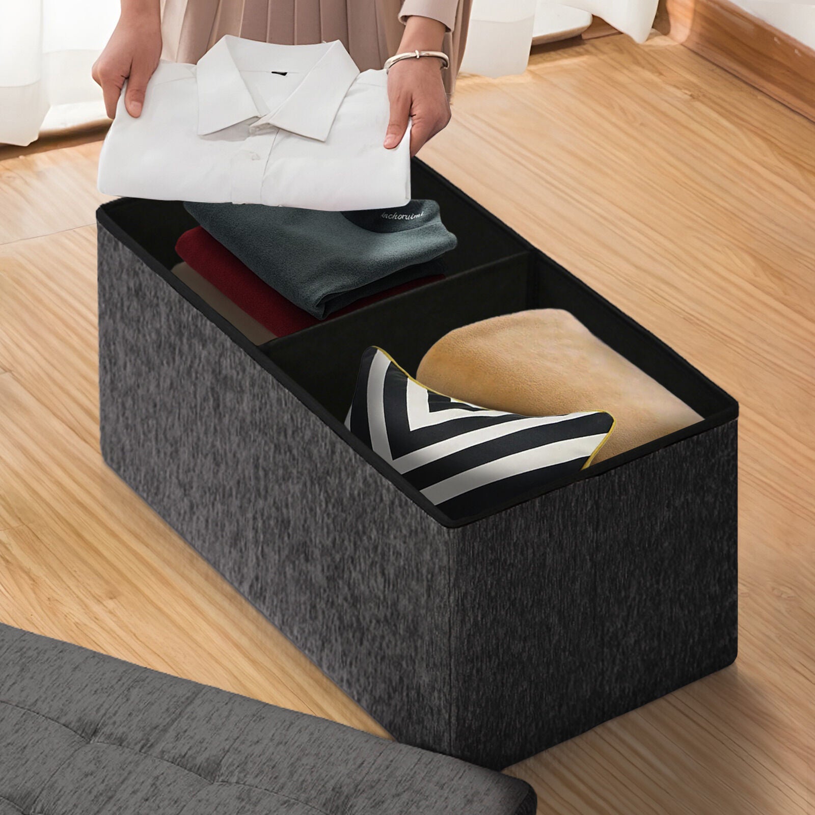 Foldable Storage Ottoman - Flip Lid Side Table Toy Blanket Organiser Seat KIRA BLACK V274-FT-BL-231611BE-BK