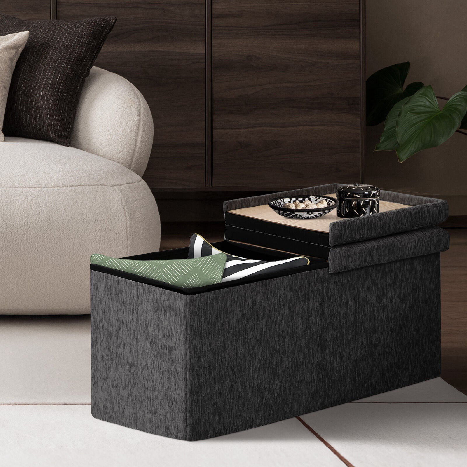 Foldable Storage Ottoman - Flip Lid Side Table Toy Blanket Organiser Seat KIRA BLACK V274-FT-BL-231611BE-BK