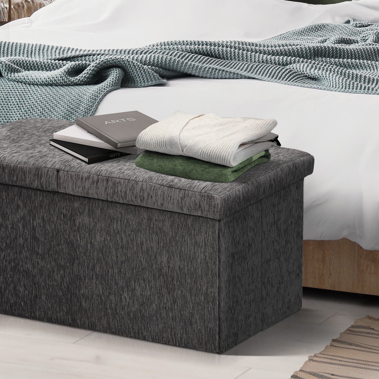 Foldable Storage Ottoman - Flip Lid Side Table Toy Blanket Organiser Seat KIRA BLACK V274-FT-BL-231611BE-BK