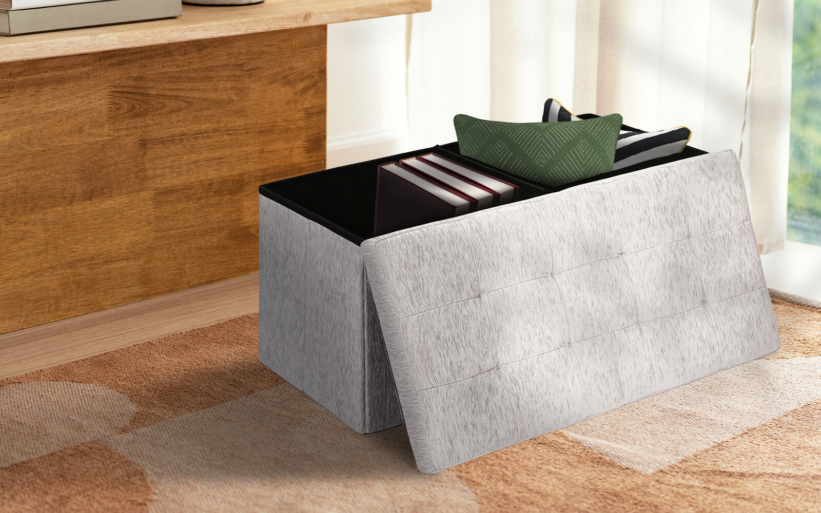 Foldable Storage Ottoman - Flip Lid Side Table Toy Blanket Organiser Seat KIRA GREY V274-FT-BL-231611BE-GY