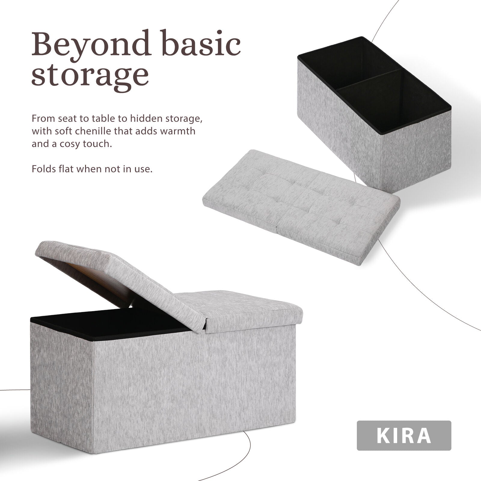 Foldable Storage Ottoman - Flip Lid Side Table Toy Blanket Organiser Seat KIRA GREY V274-FT-BL-231611BE-GY