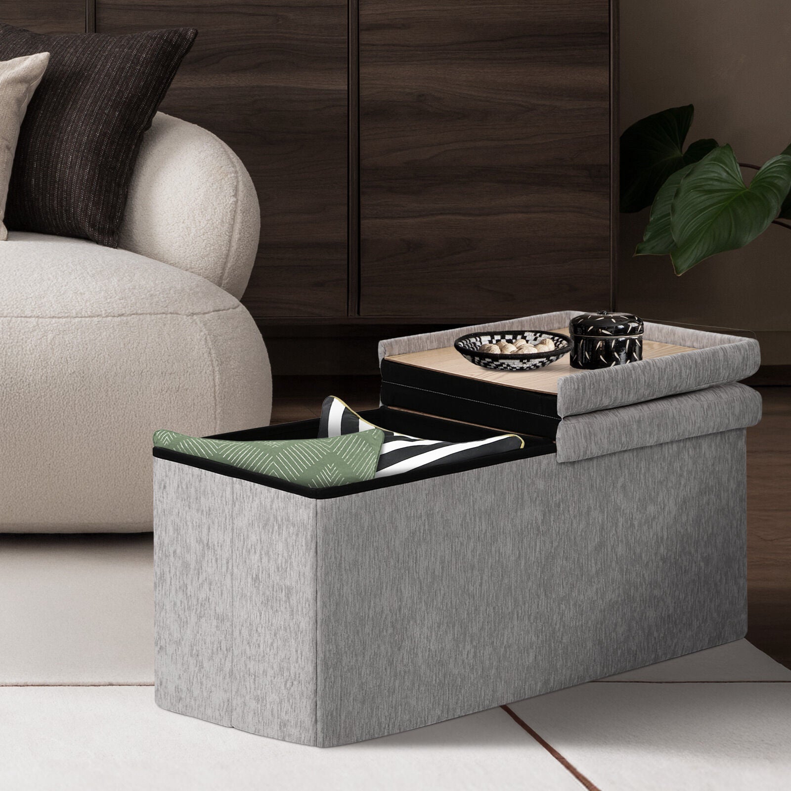 Foldable Storage Ottoman - Flip Lid Side Table Toy Blanket Organiser Seat KIRA GREY V274-FT-BL-231611BE-GY