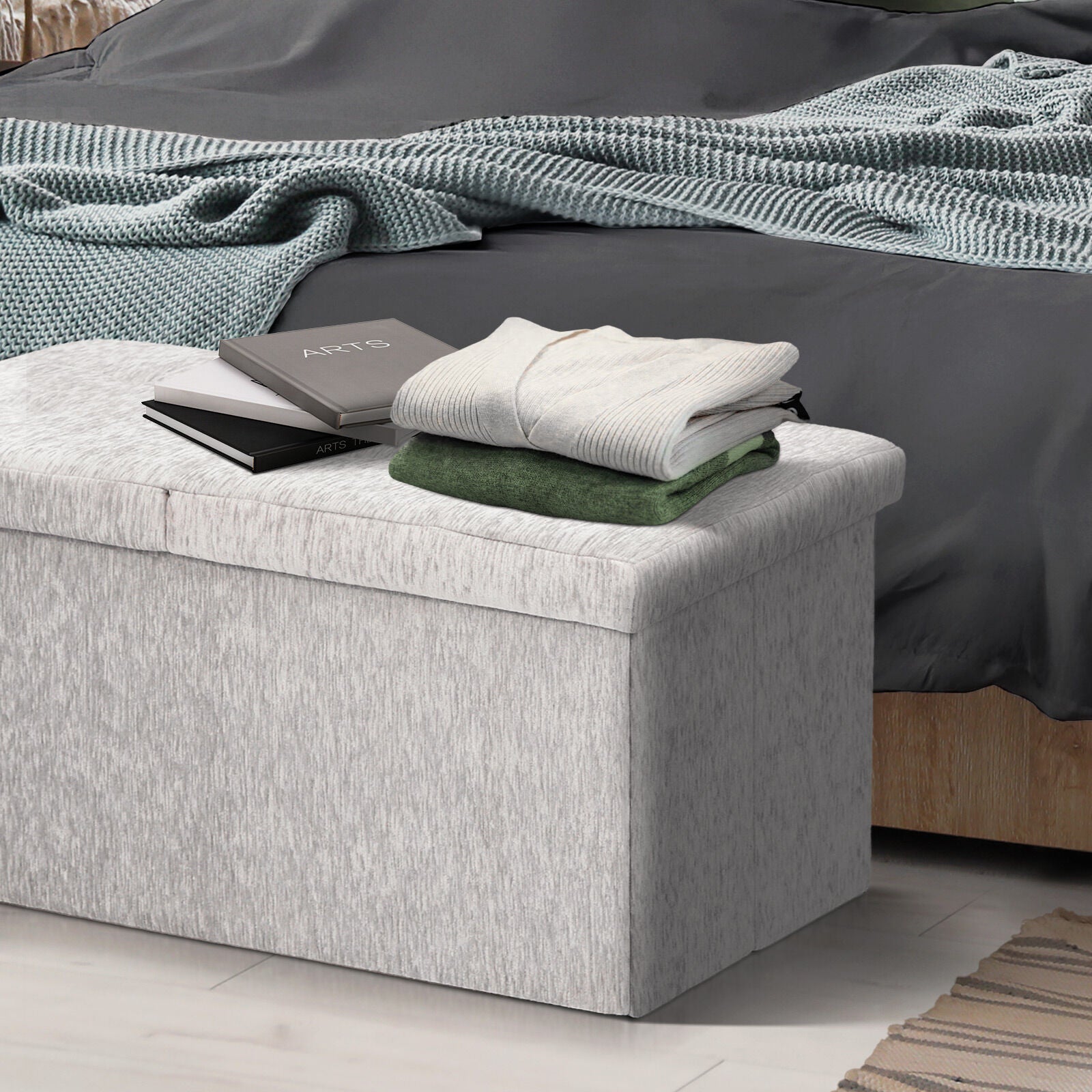 Foldable Storage Ottoman - Flip Lid Side Table Toy Blanket Organiser Seat KIRA GREY V274-FT-BL-231611BE-GY