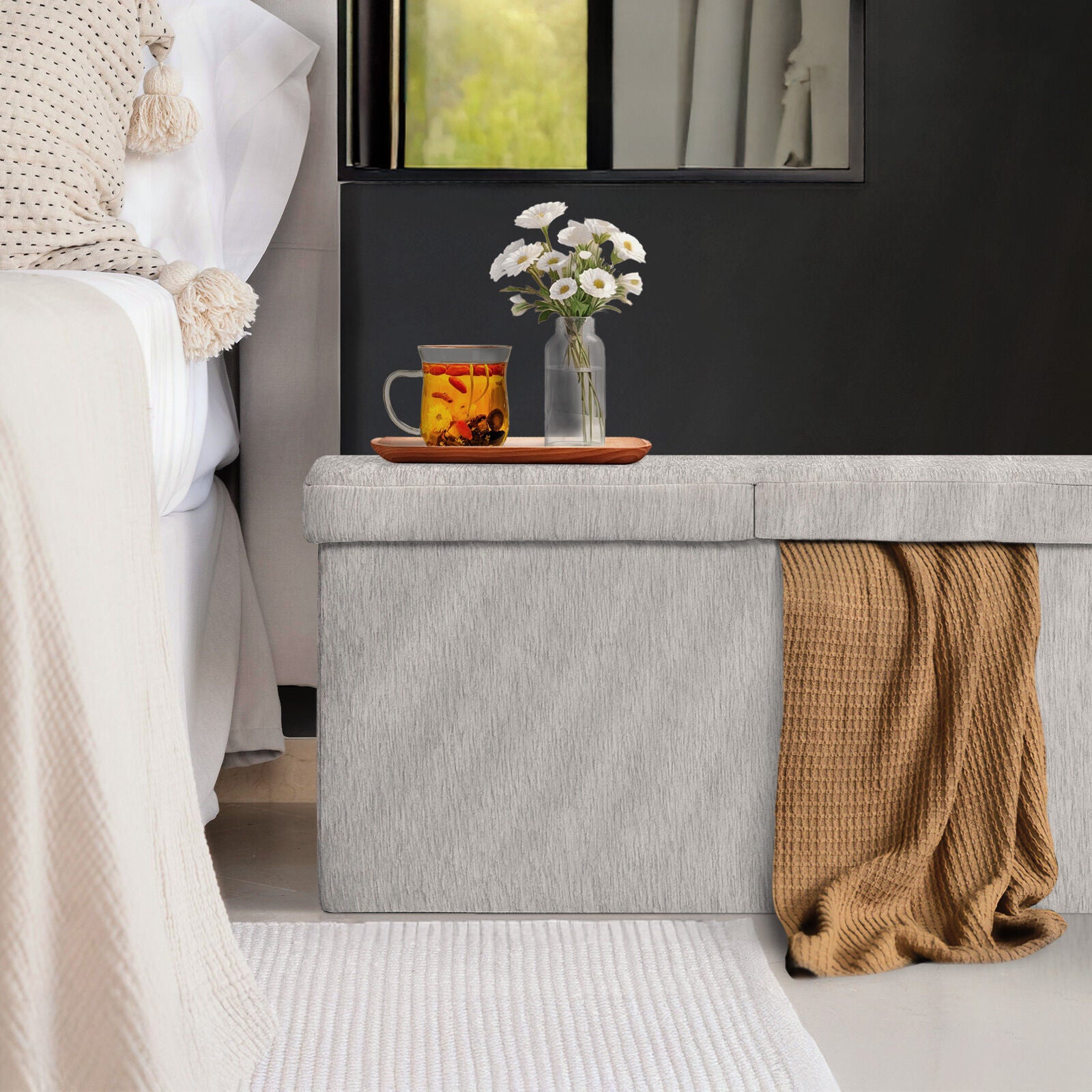 Foldable Storage Ottoman - Flip Lid Side Table Toy Blanket Organiser Seat KIRA GREY V274-FT-BL-231611BE-GY