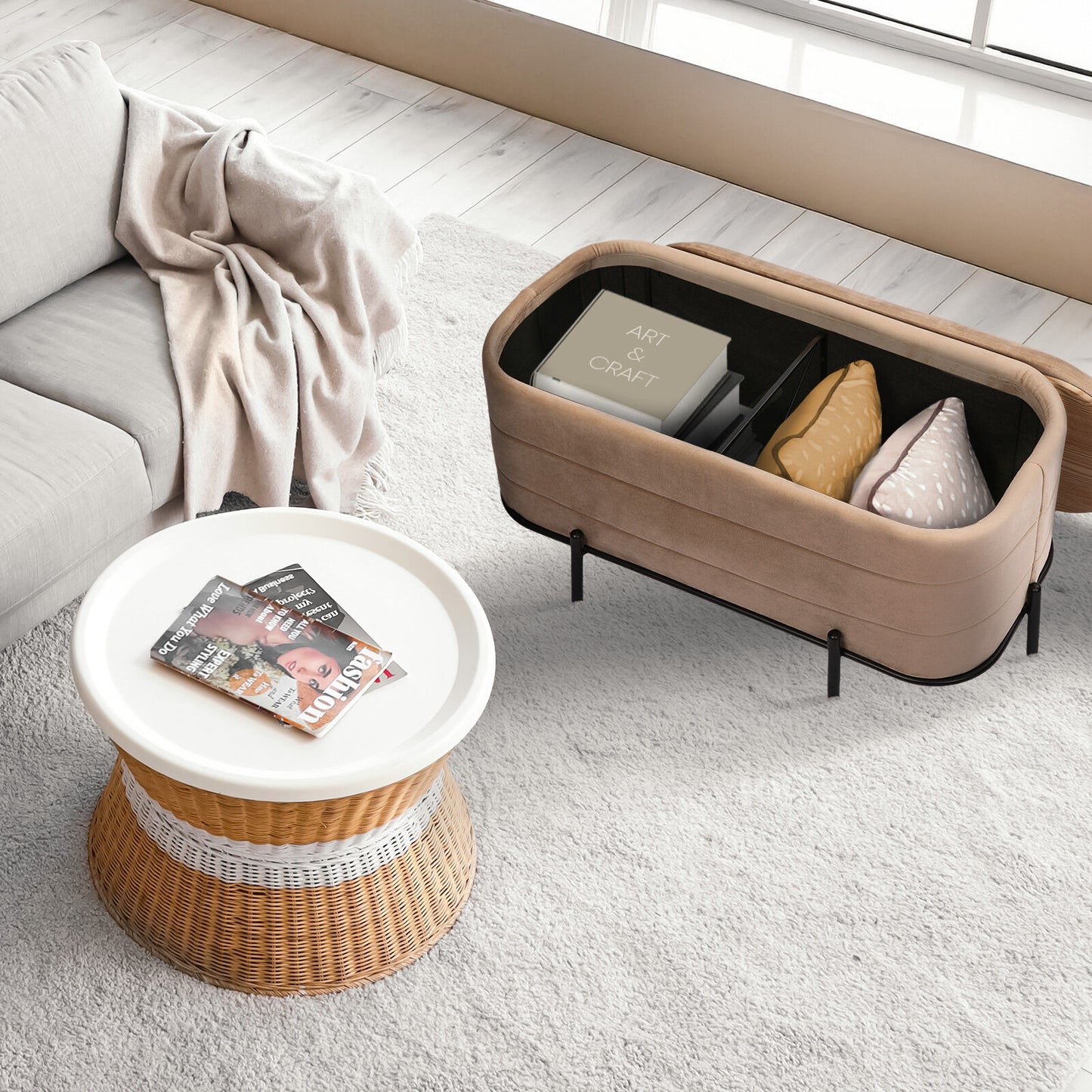 La Bella Coffee Table Storage Ottoman - Velvet Blanket Box Bench DEMI - CAMEL BEIGE V274-FT-BL-241023KE-LBN