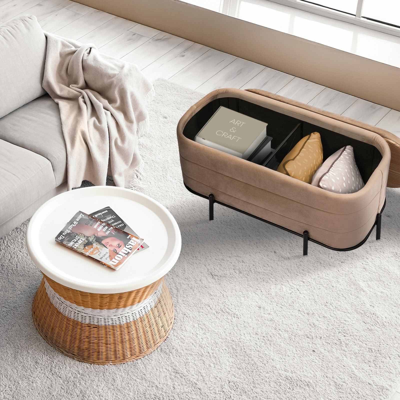 La Bella Coffee Table Storage Ottoman - Velvet Blanket Box Bench DEMI - CAMEL BEIGE V274-FT-BL-241023KE-LBN