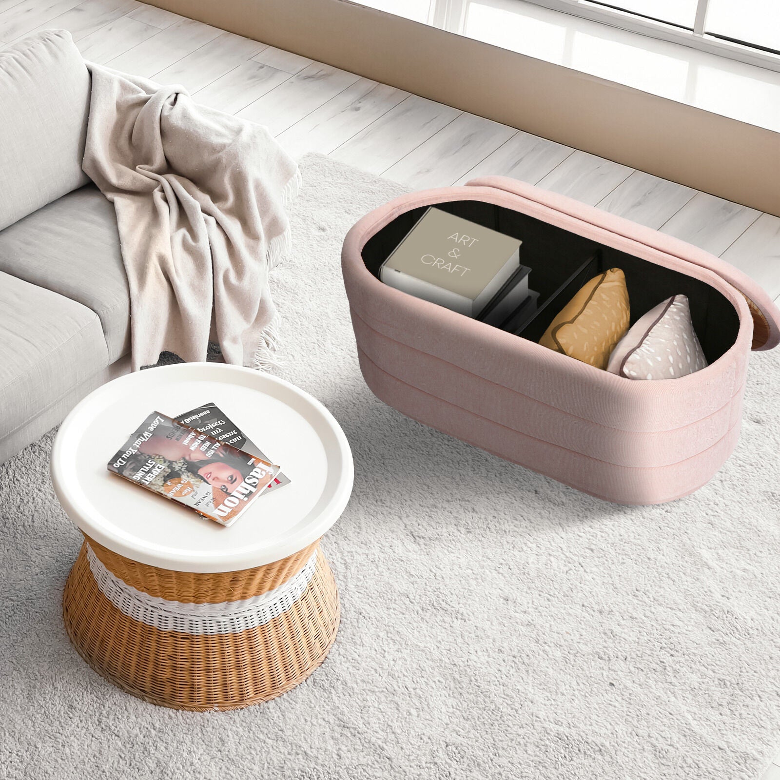 Coffee Table Storage Ottoman - Chenille Fabic Padded Blanket Box Bench CELIA - PINK V274-FT-BL-250105KE-PK