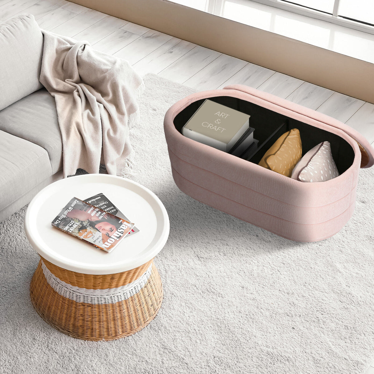 Coffee Table Storage Ottoman - Chenille Fabic Padded Blanket Box Bench CELIA - PINK V274-FT-BL-250105KE-PK