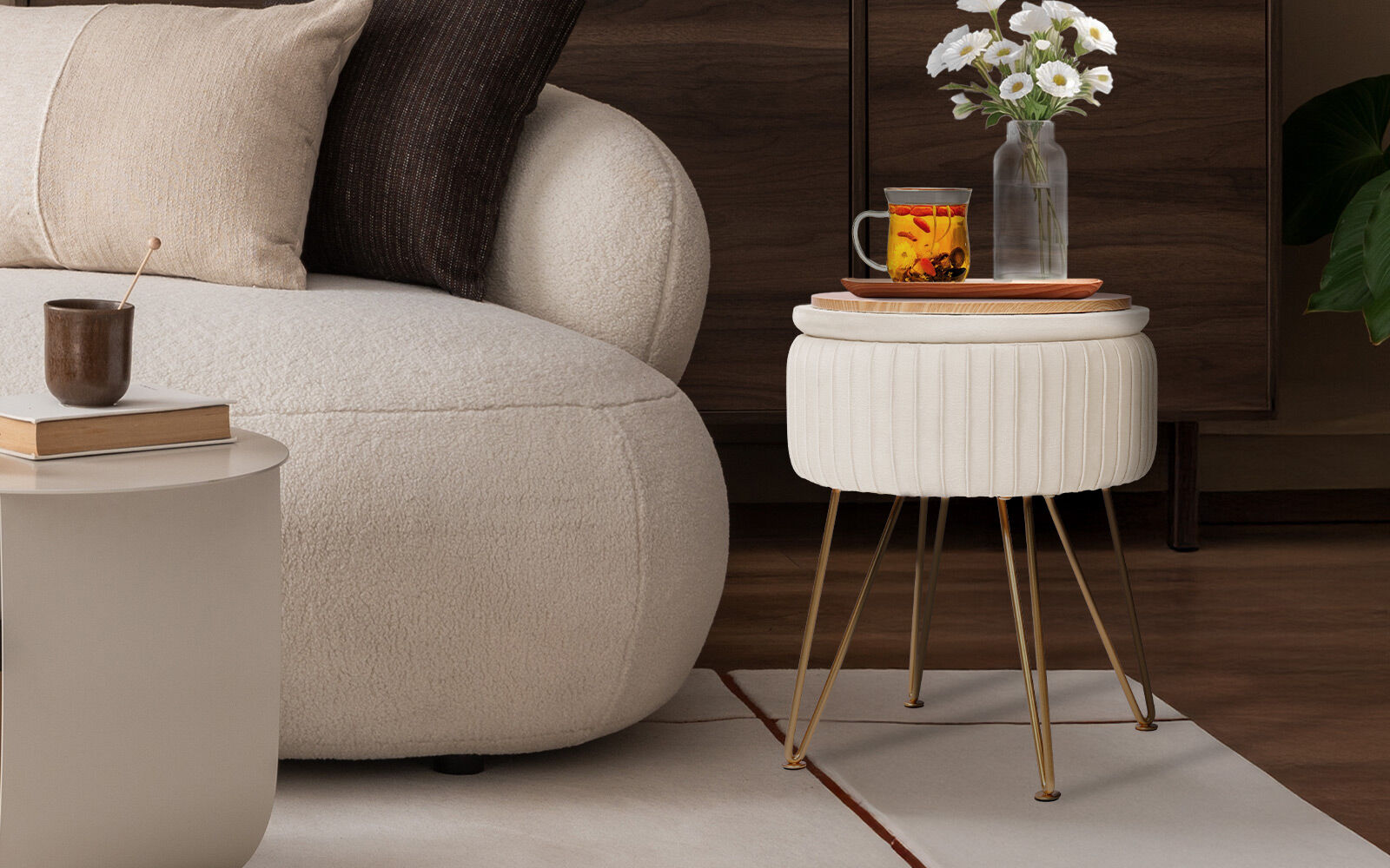 Side Table Storage Ottoman - Velvet Padded Stool Vanity Footstool REMY CREAM BEIGE V274-FT-BL-250106-BE