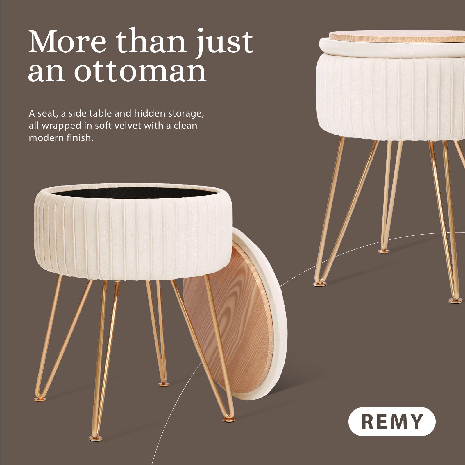 Side Table Storage Ottoman - Velvet Padded Stool Vanity Footstool REMY CREAM BEIGE V274-FT-BL-250106-BE