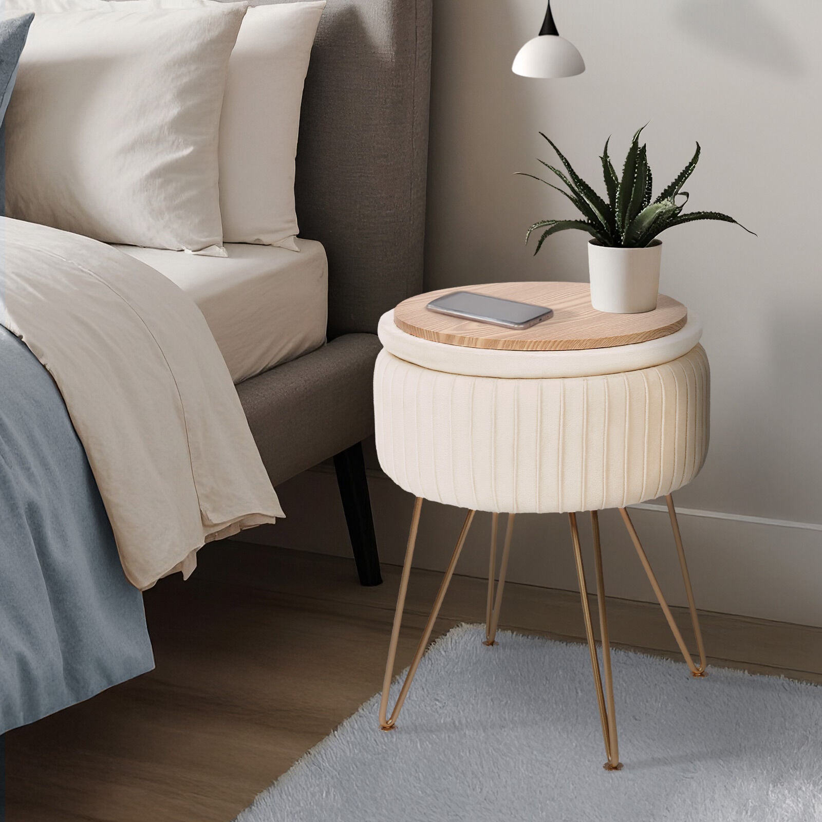 Side Table Storage Ottoman - Velvet Padded Stool Vanity Footstool REMY CREAM BEIGE V274-FT-BL-250106-BE