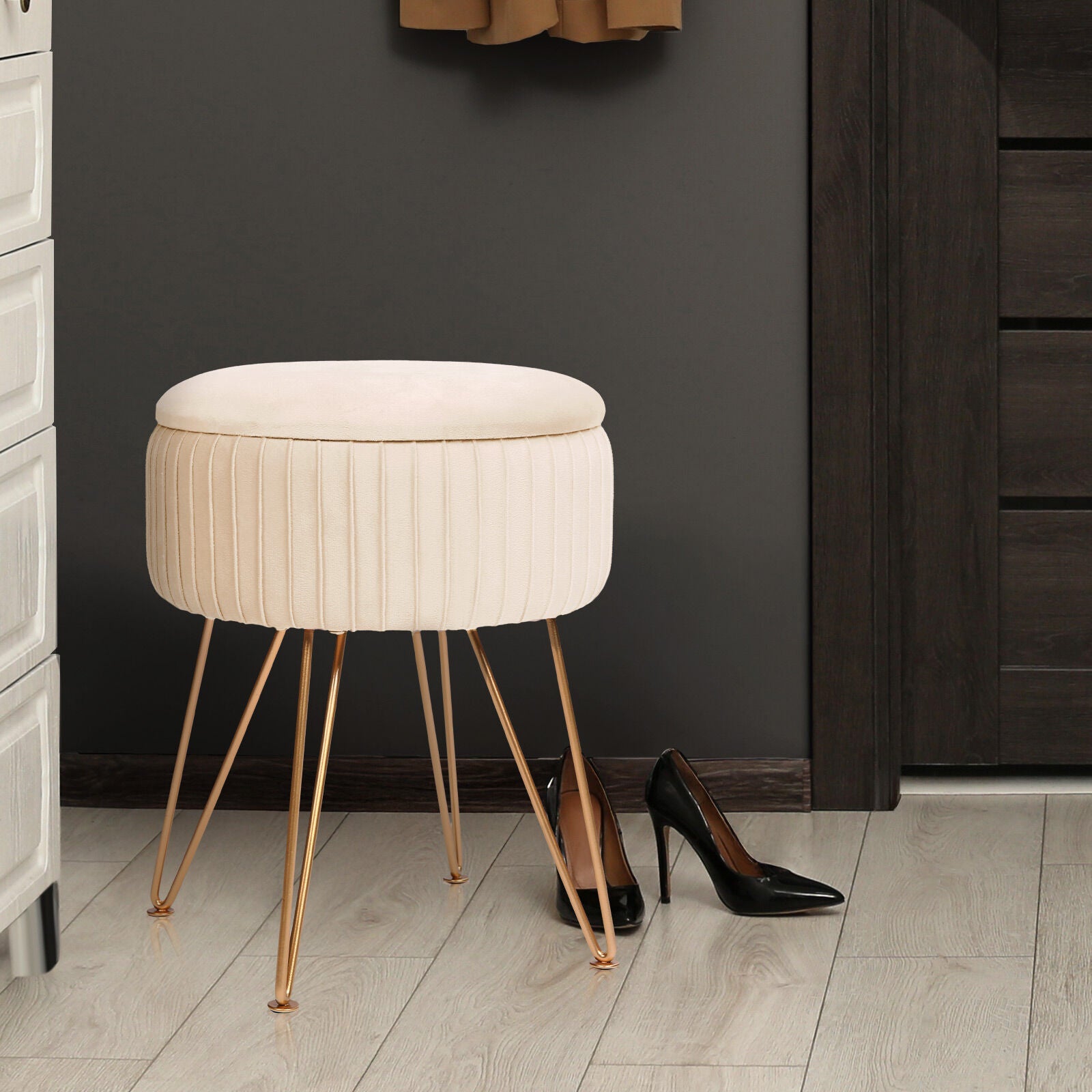 Side Table Storage Ottoman - Velvet Padded Stool Vanity Footstool REMY CREAM BEIGE V274-FT-BL-250106-BE