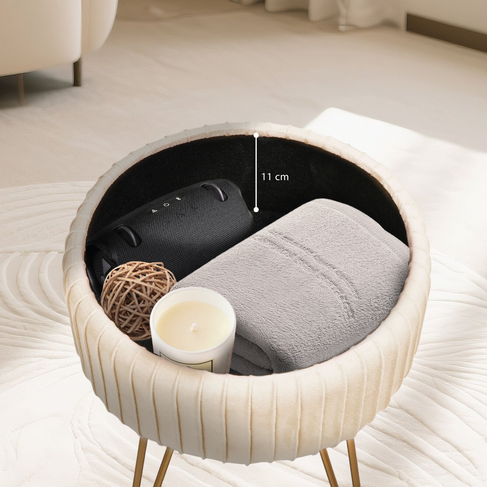 Side Table Storage Ottoman - Velvet Padded Stool Vanity Footstool REMY CREAM BEIGE V274-FT-BL-250106-BE
