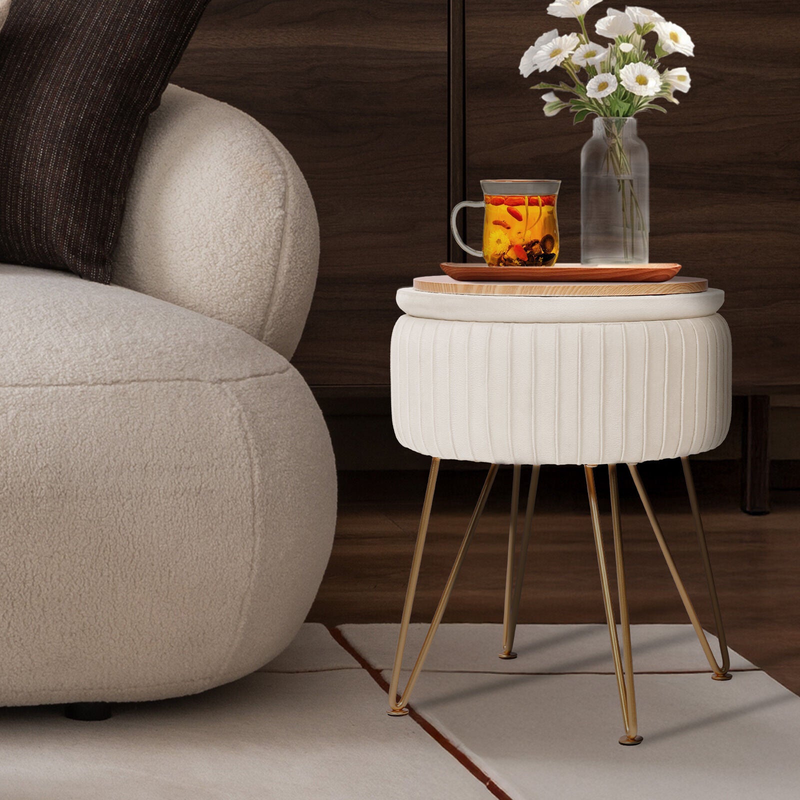 Side Table Storage Ottoman - Velvet Padded Stool Vanity Footstool REMY CREAM BEIGE V274-FT-BL-250106-BE