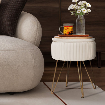 Side Table Storage Ottoman - Velvet Padded Stool Vanity Footstool REMY CREAM BEIGE V274-FT-BL-250106-BE