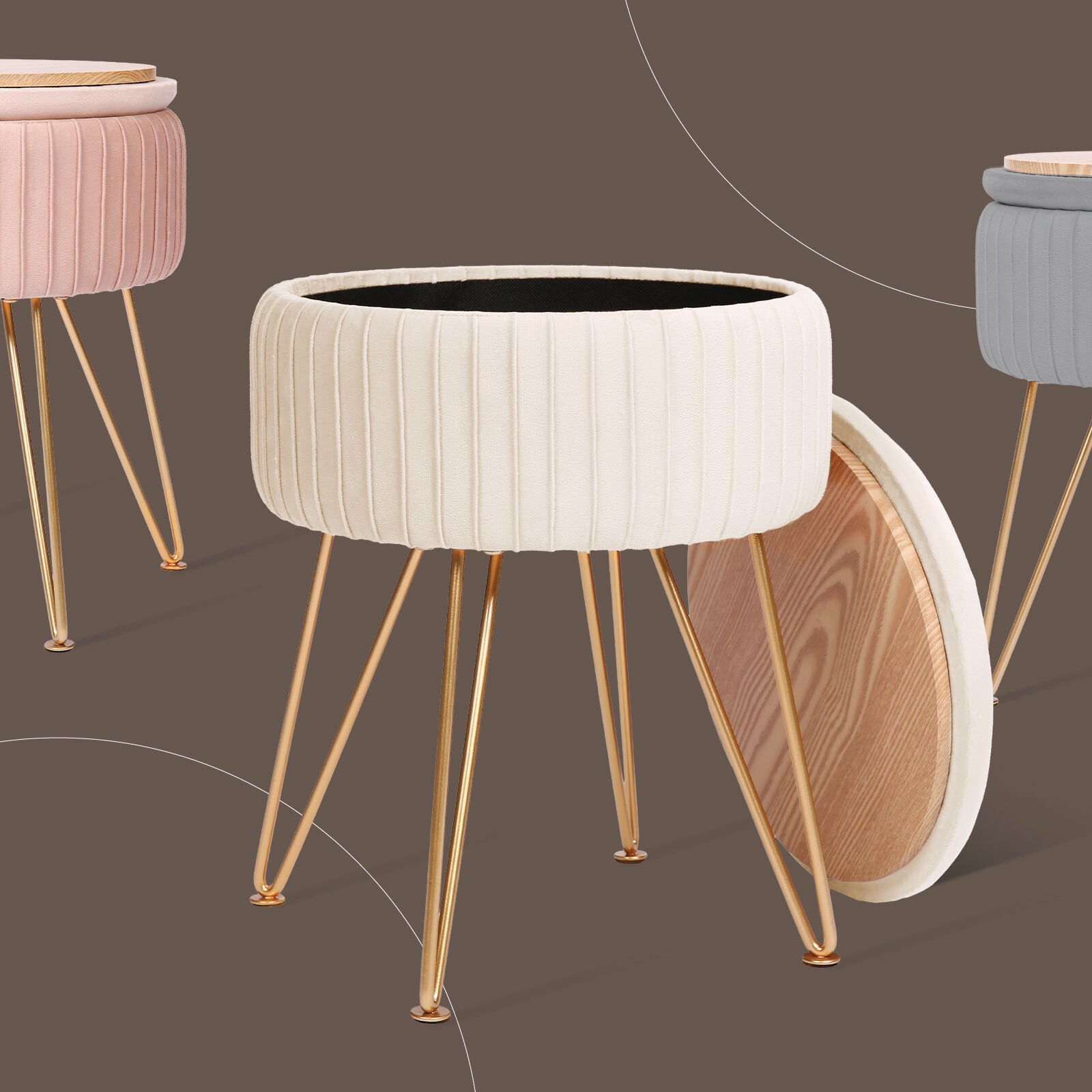 Side Table Storage Ottoman - Velvet Padded Stool Vanity Footstool REMY CREAM BEIGE V274-FT-BL-250106-BE