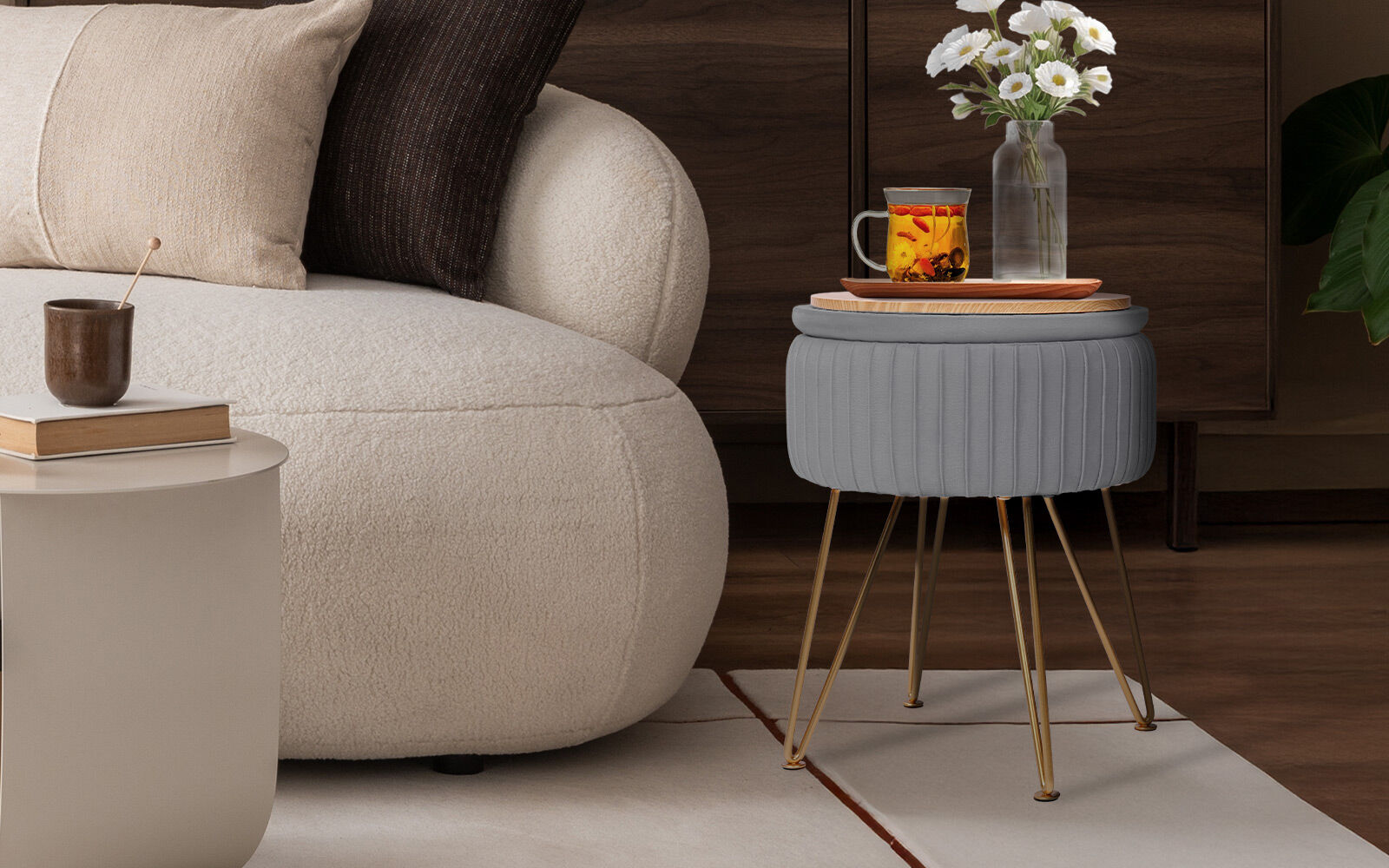 Side Table Storage Ottoman - Velvet Padded Stool Vanity Footstool REMY GREY V274-FT-BL-250106-DGY