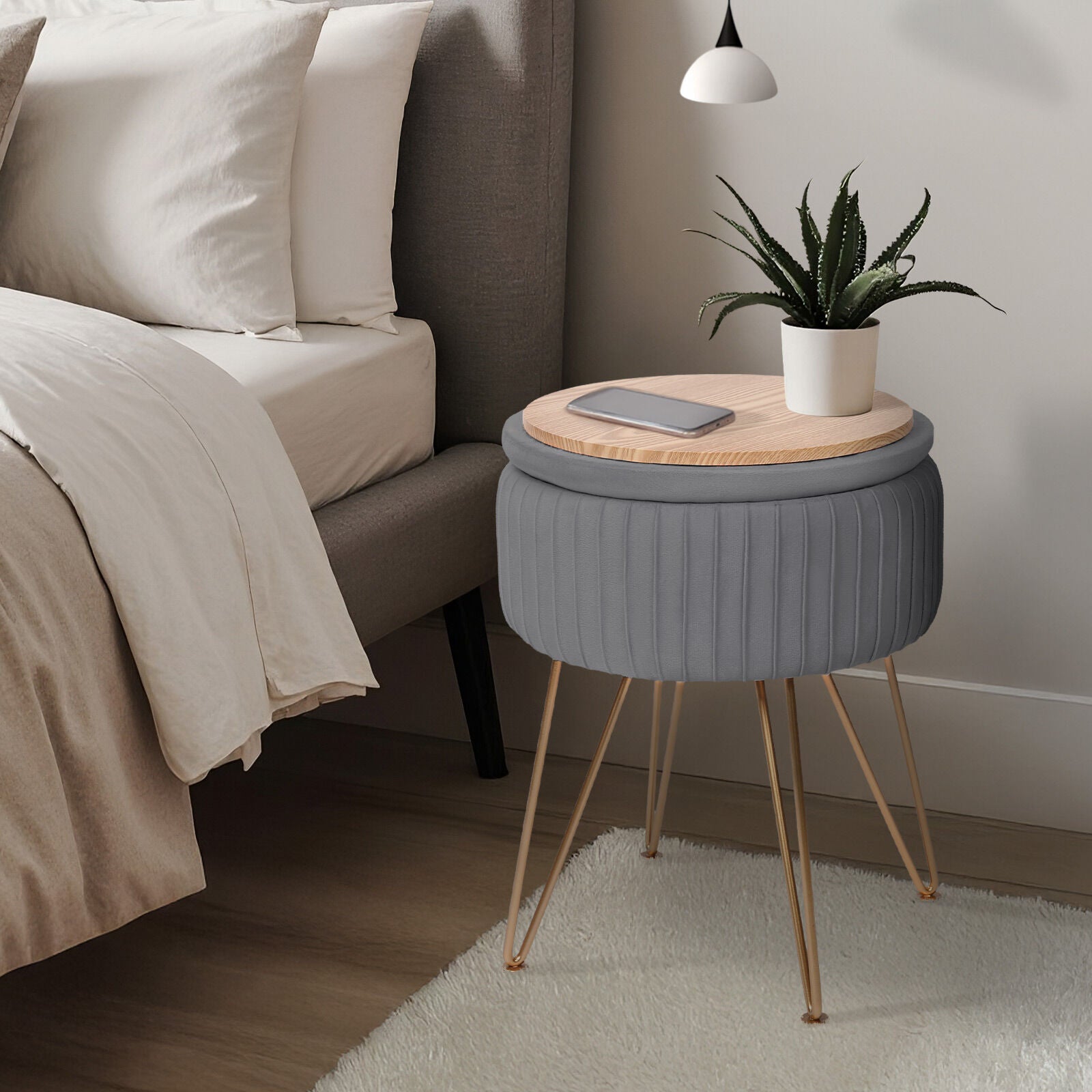 Side Table Storage Ottoman - Velvet Padded Stool Vanity Footstool REMY GREY V274-FT-BL-250106-DGY