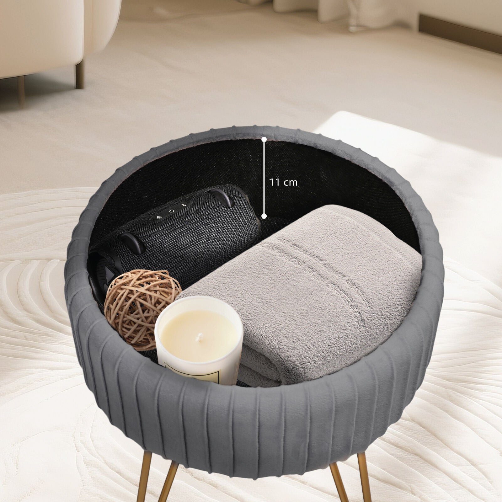 Side Table Storage Ottoman - Velvet Padded Stool Vanity Footstool REMY GREY V274-FT-BL-250106-DGY