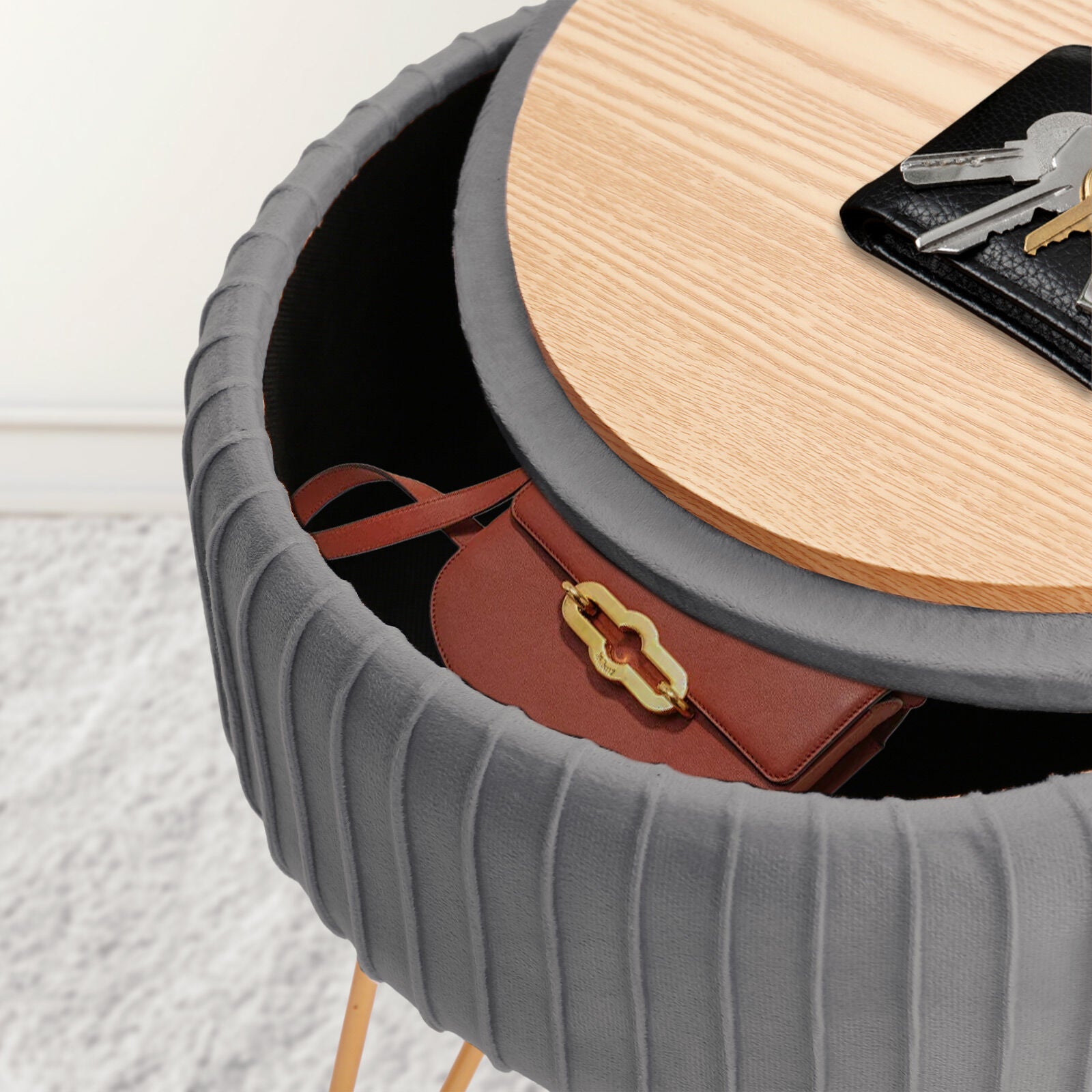 Side Table Storage Ottoman - Velvet Padded Stool Vanity Footstool REMY GREY V274-FT-BL-250106-DGY