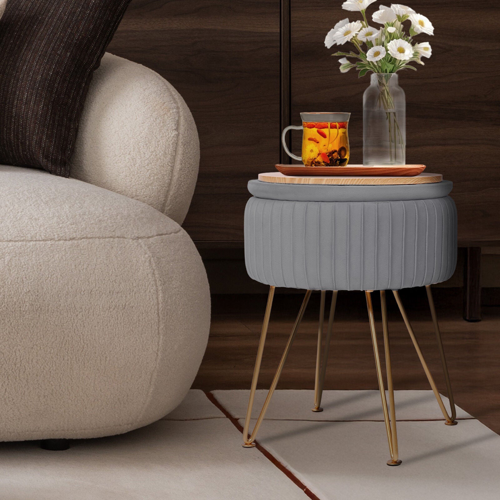 Side Table Storage Ottoman - Velvet Padded Stool Vanity Footstool REMY GREY V274-FT-BL-250106-DGY