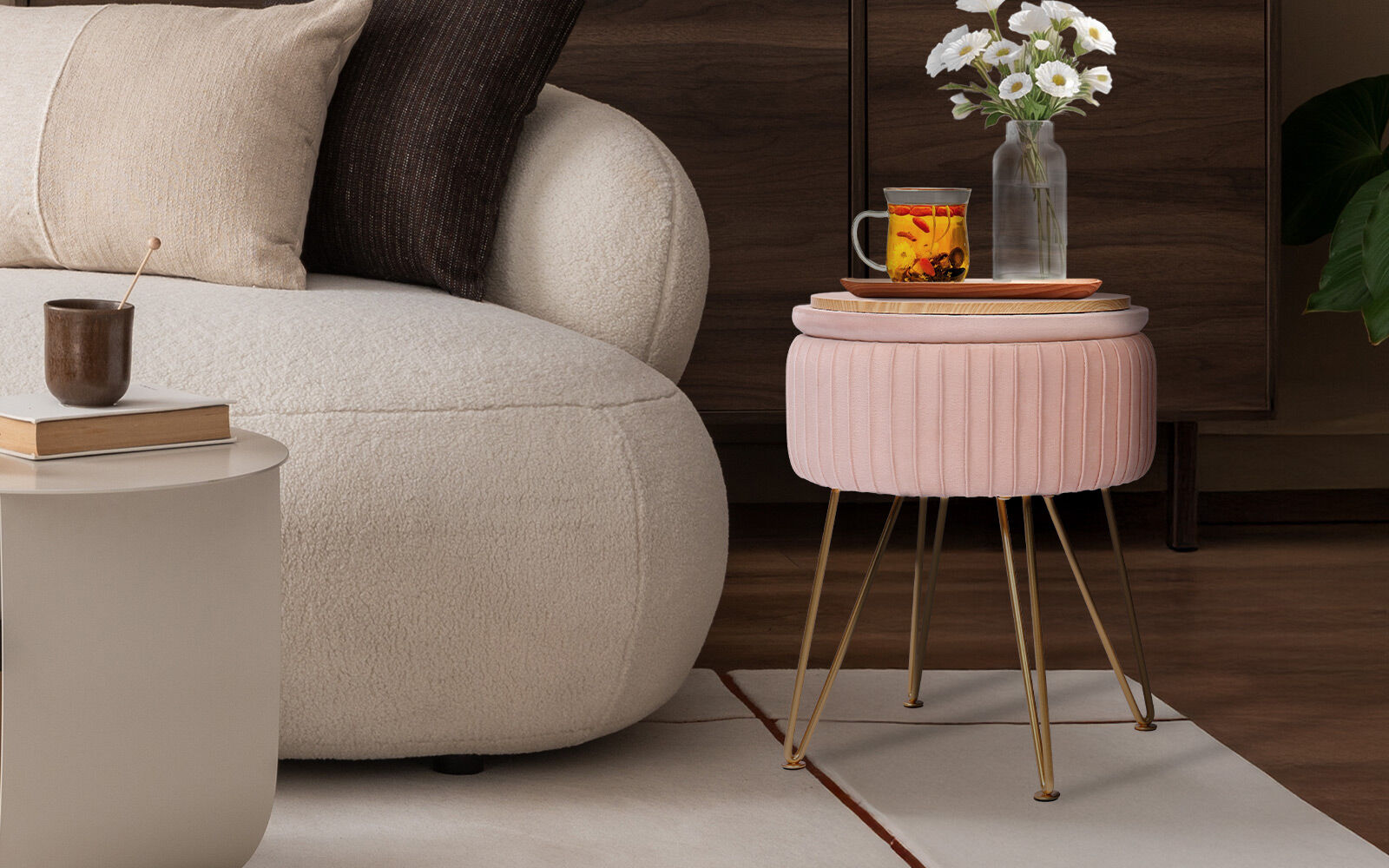 Side Table Storage Ottoman - Velvet Padded Stool Vanity Footstool REMY PINK V274-FT-BL-250106-PK