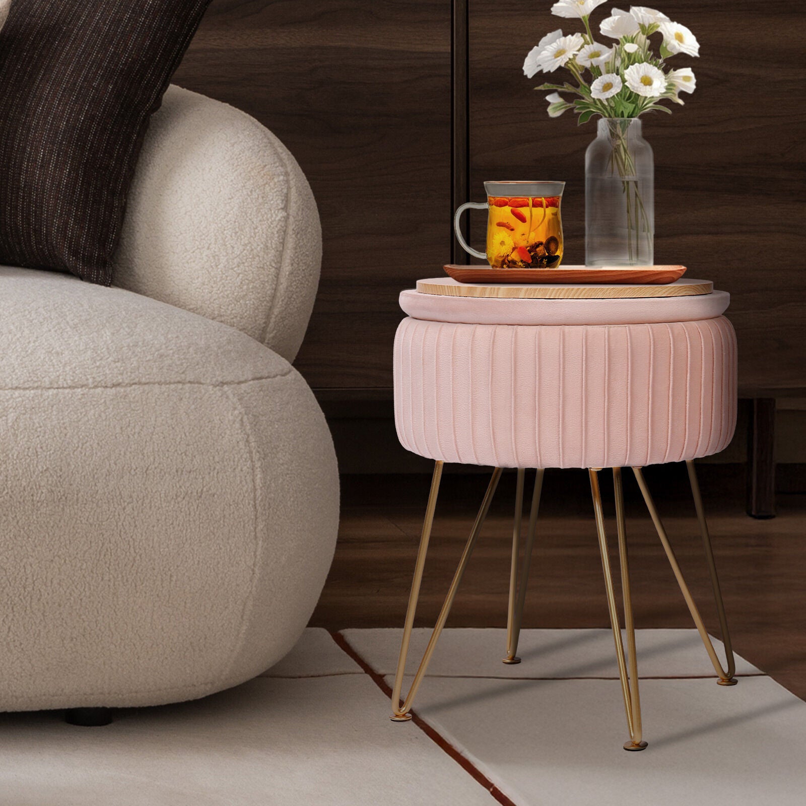 Side Table Storage Ottoman - Velvet Padded Stool Vanity Footstool REMY PINK V274-FT-BL-250106-PK