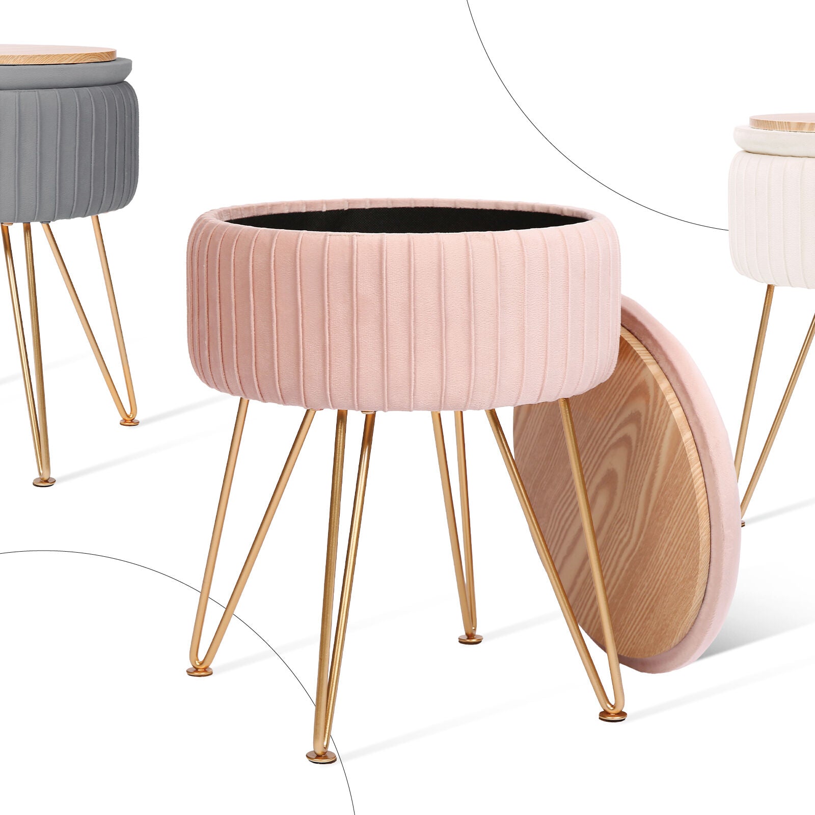 Side Table Storage Ottoman - Velvet Padded Stool Vanity Footstool REMY PINK V274-FT-BL-250106-PK