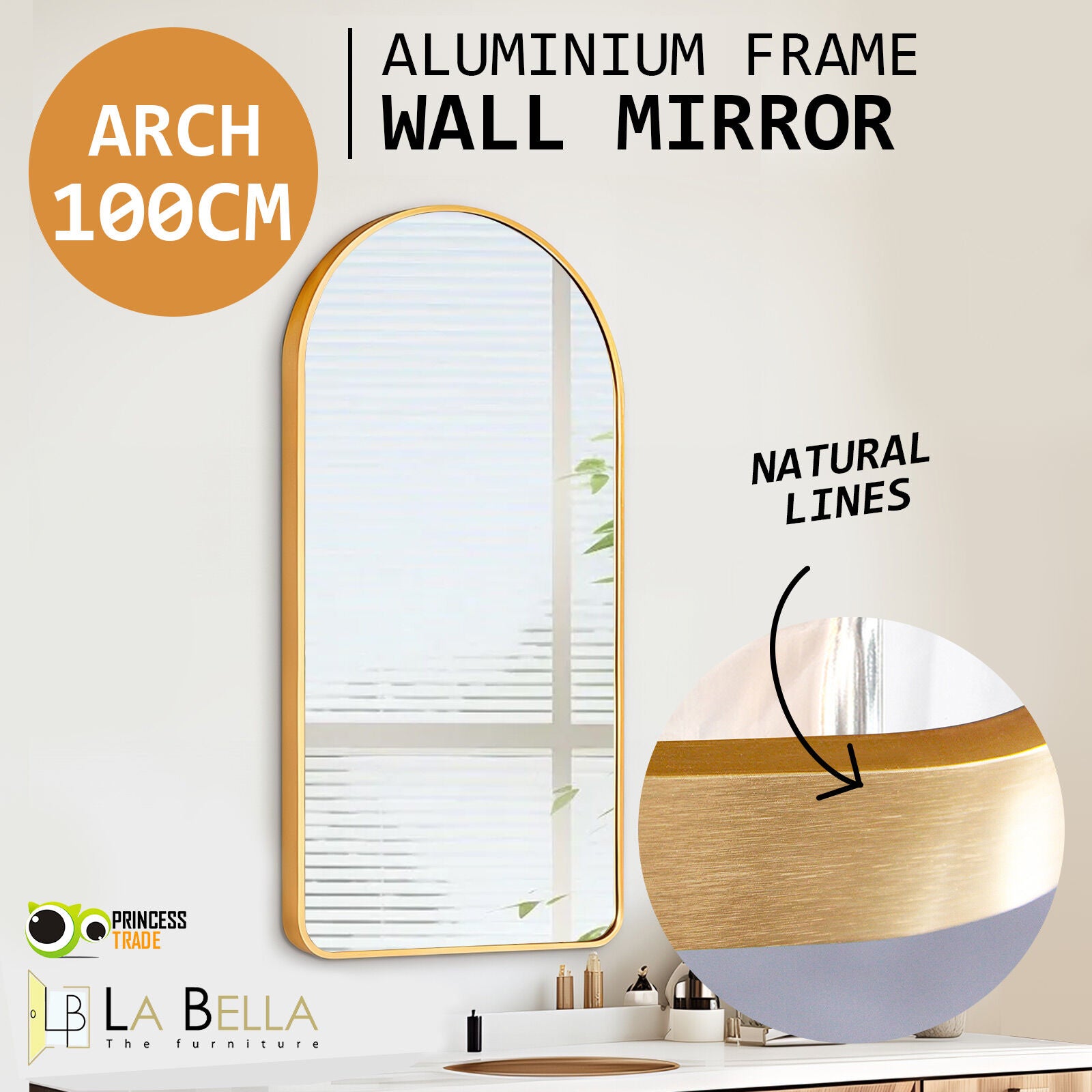 Wall Arch Mirror Arc Aluminum Frame Bathroom 50x100cm GOLD V274-FT-BM-ALUAC-GD50100