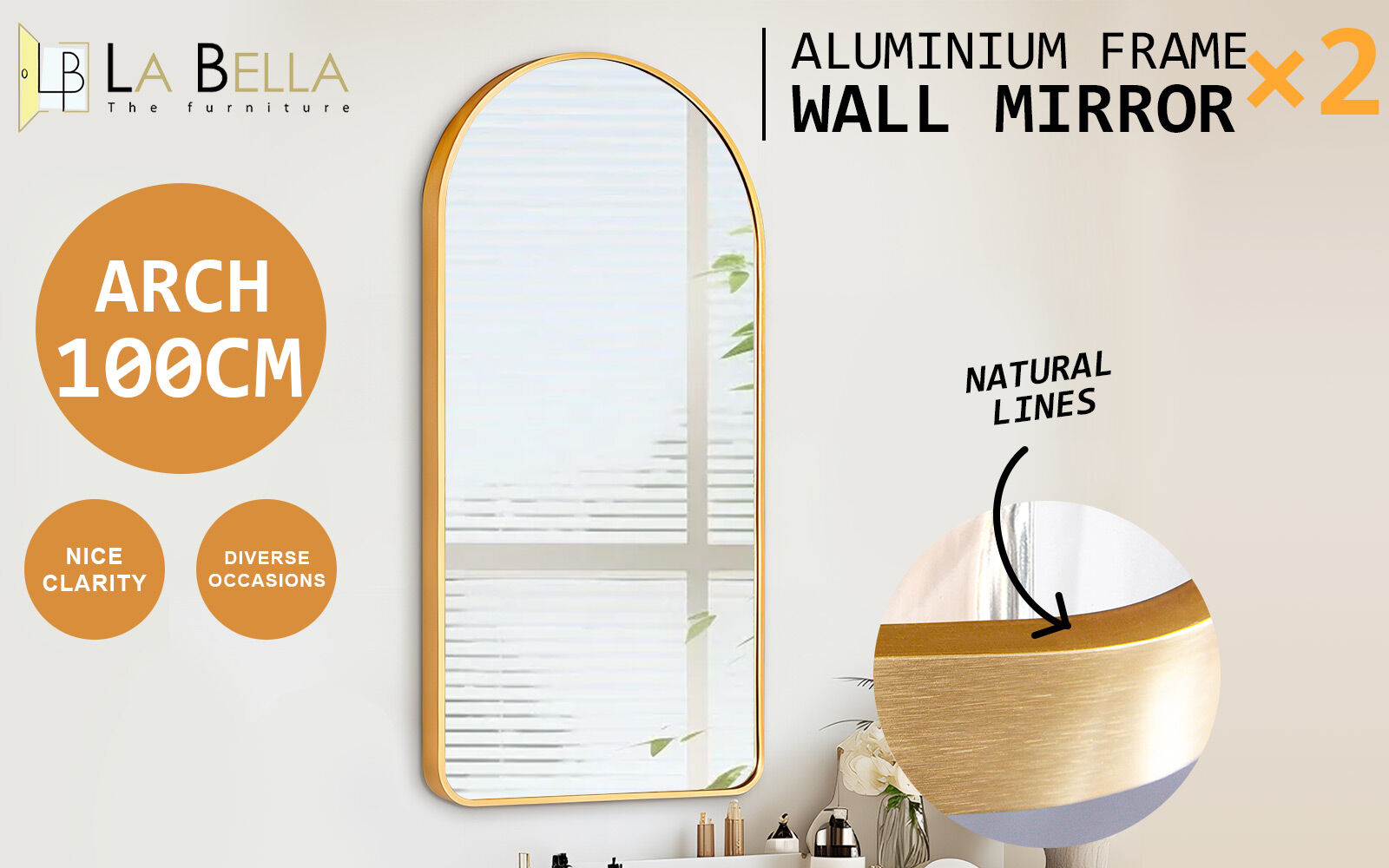 2 Set Wall Arch Mirror Arc Aluminum Frame Bathroom 50x100cm GOLD V274-FT-BM-ALUAC-GD50100-X2