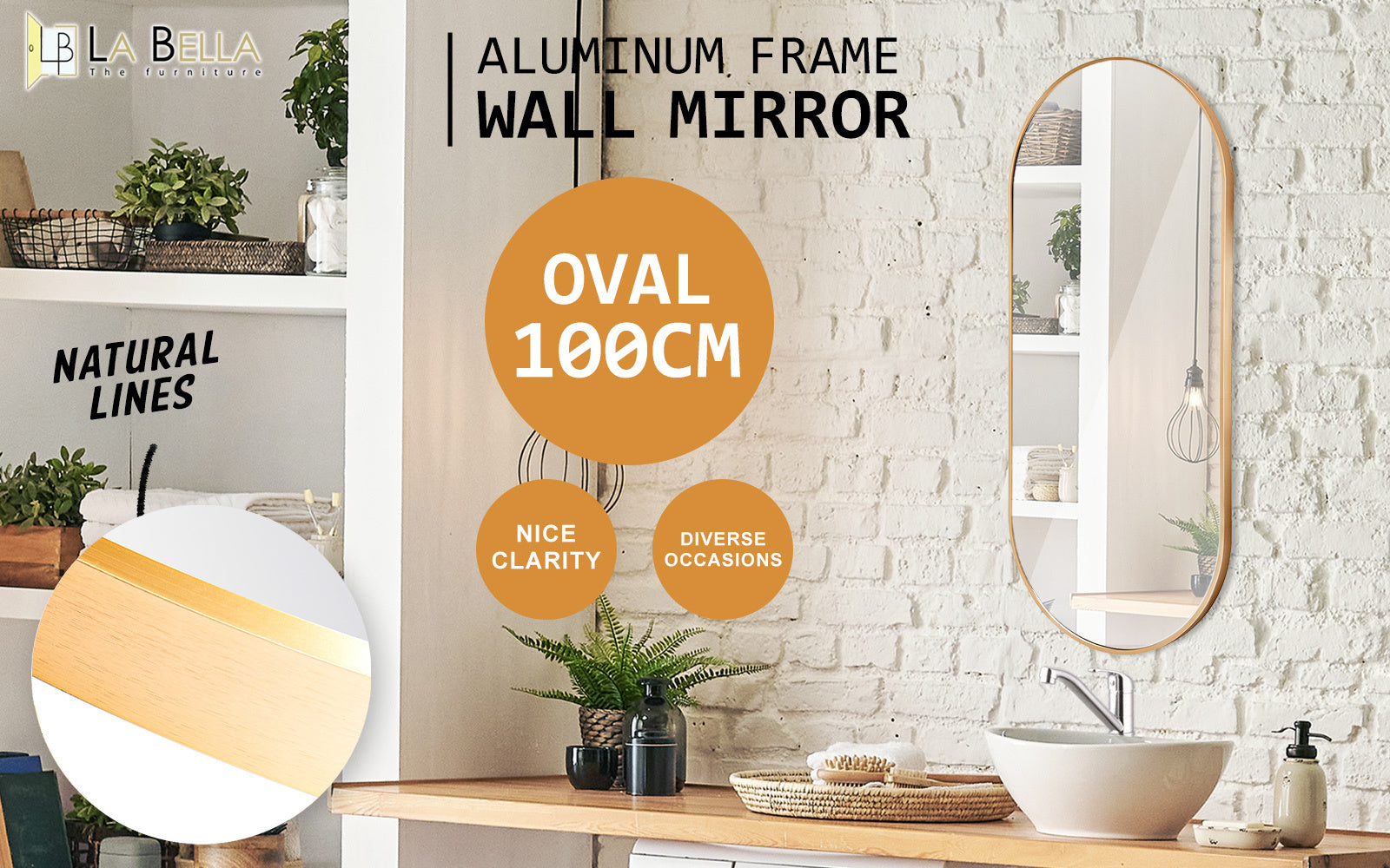 Wall Mirror Oval Aluminum Frame Bathroom 45x100cm GOLD V274-FT-BM-ALUOV-GLD45100