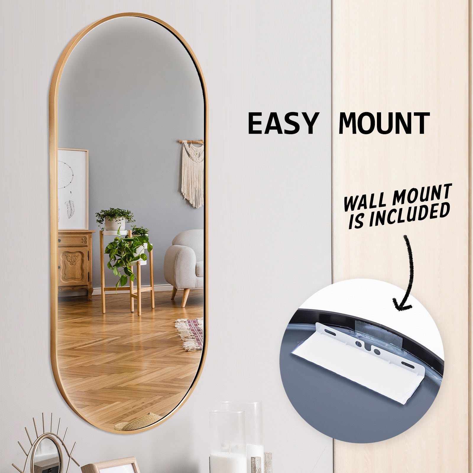 Wall Mirror Oval Aluminum Frame Bathroom 45x100cm GOLD V274-FT-BM-ALUOV-GLD45100