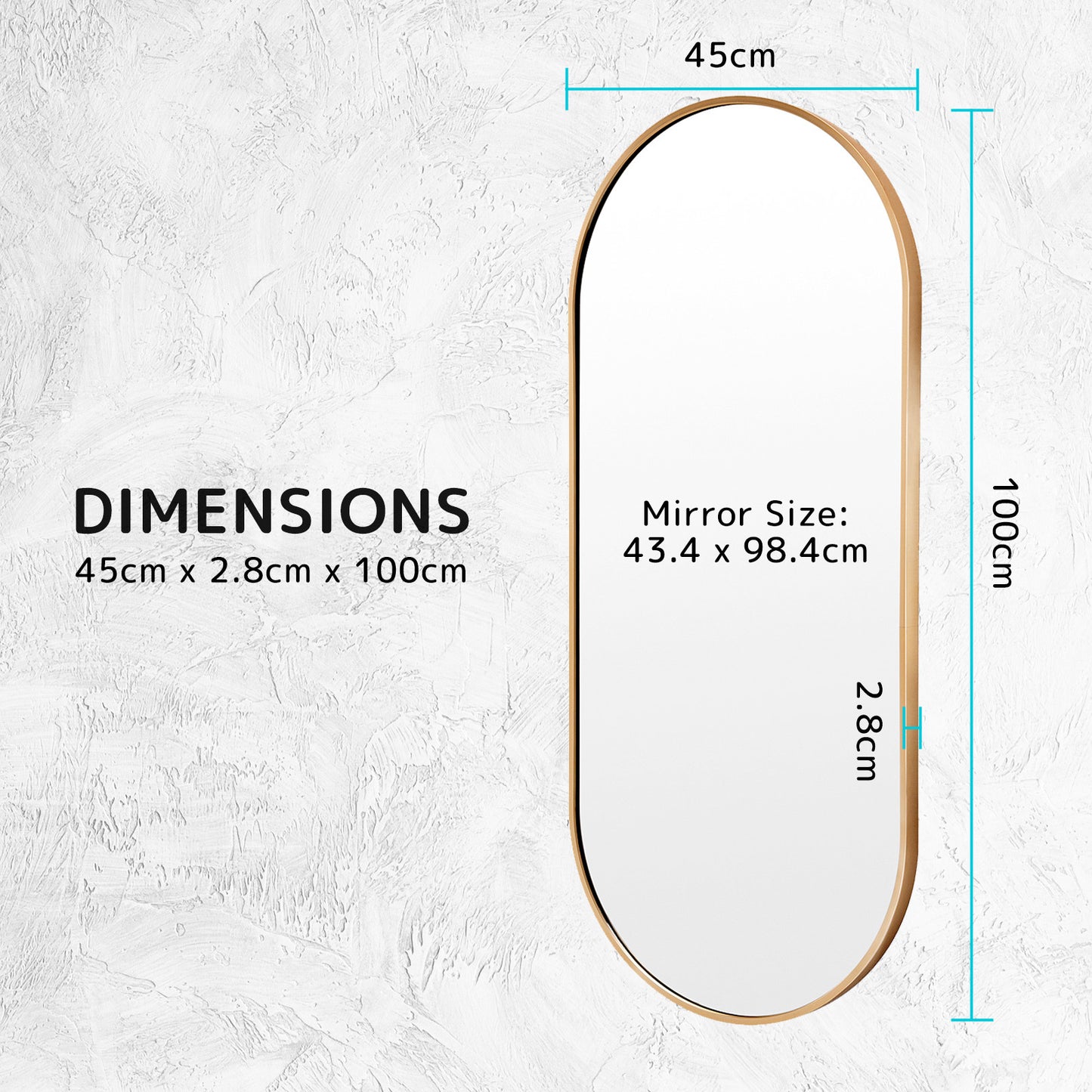 Wall Mirror Oval Aluminum Frame Bathroom 45x100cm GOLD V274-FT-BM-ALUOV-GLD45100