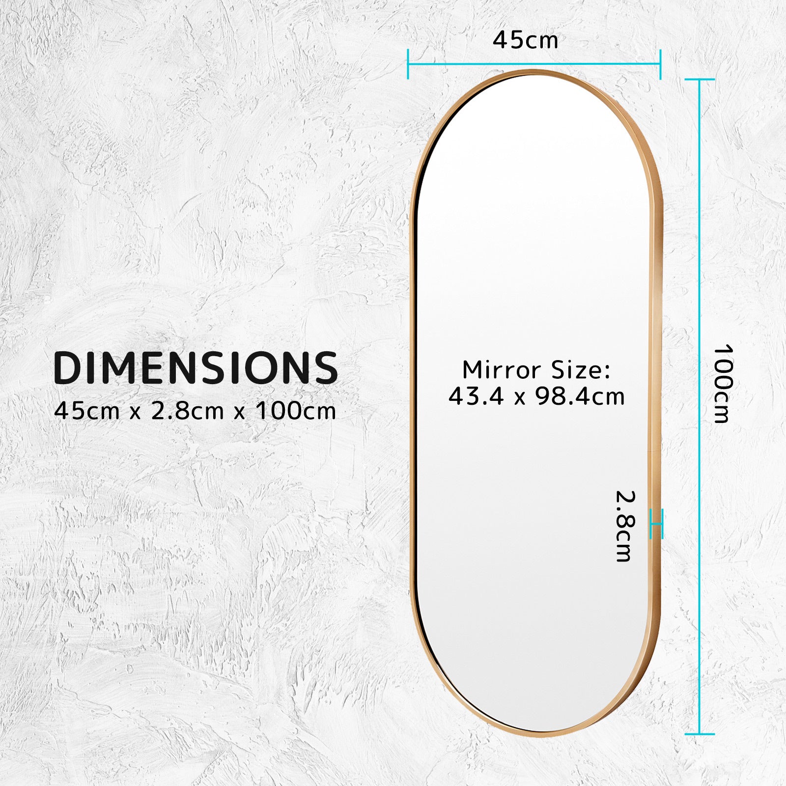 Wall Mirror Oval Aluminum Frame Bathroom 45x100cm GOLD V274-FT-BM-ALUOV-GLD45100