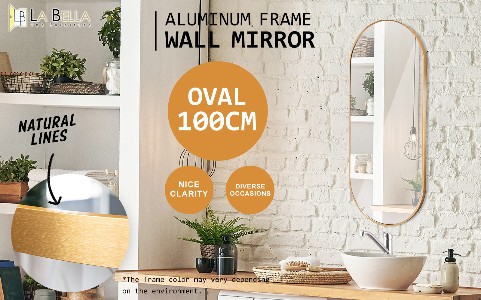 2 Set Wall Mirror Oval Aluminum Frame Bathroom 45x100cm GOLD V274-FT-BM-ALUOV-GLD45100-X2