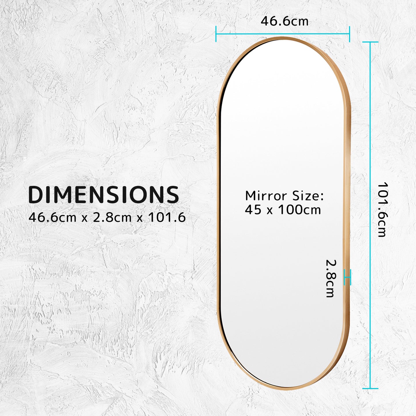 2 Set Wall Mirror Oval Aluminum Frame Bathroom 45x100cm GOLD V274-FT-BM-ALUOV-GLD45100-X2