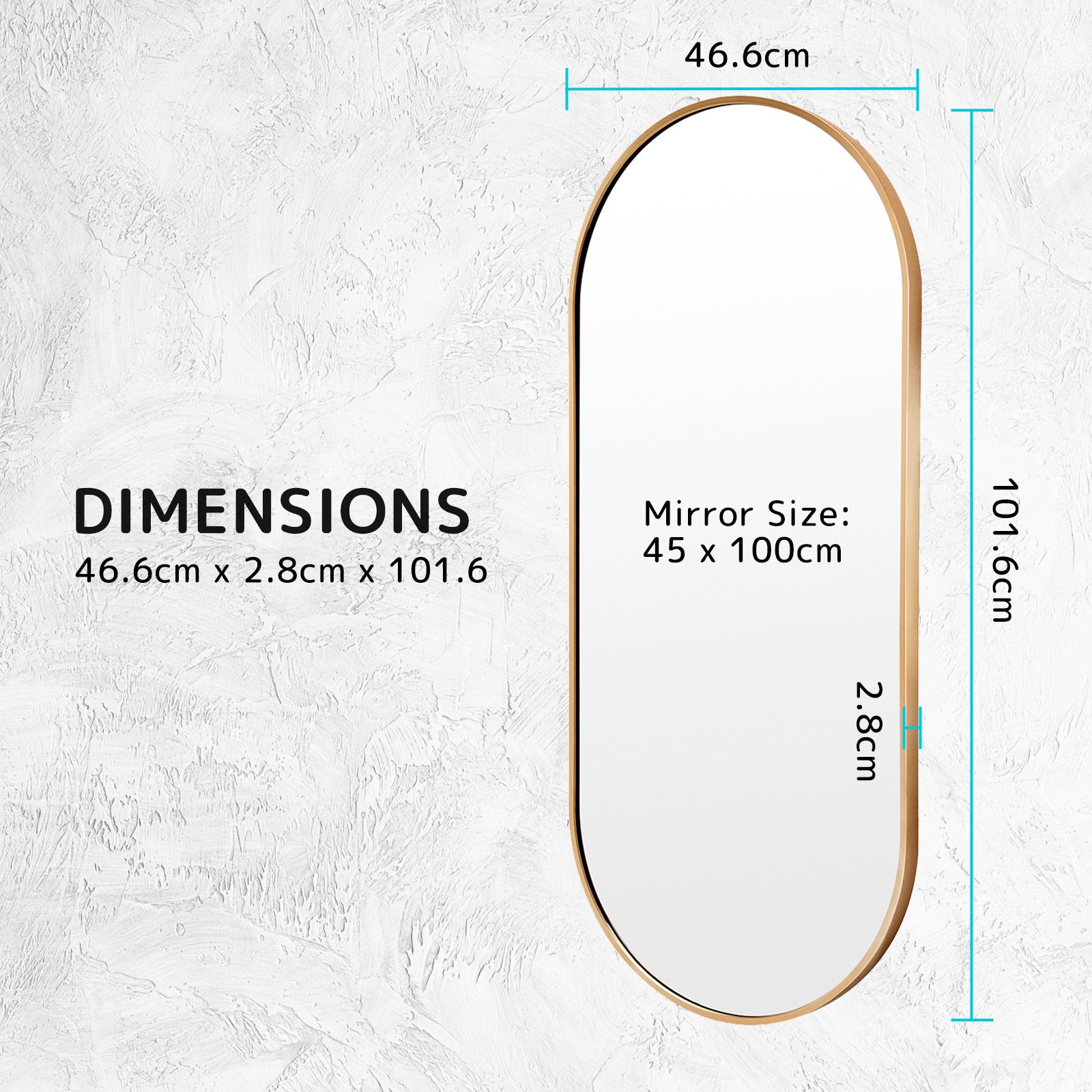 2 Set Wall Mirror Oval Aluminum Frame Bathroom 45x100cm GOLD V274-FT-BM-ALUOV-GLD45100-X2