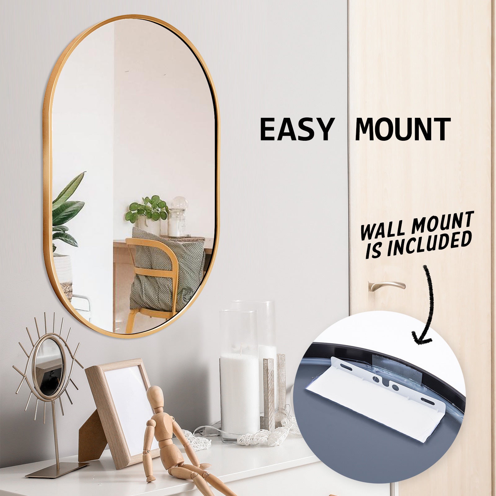 Wall Mirror Oval Aluminum Frame Bathroom 50x75cm GOLD V274-FT-BM-ALUOV-GLD5075