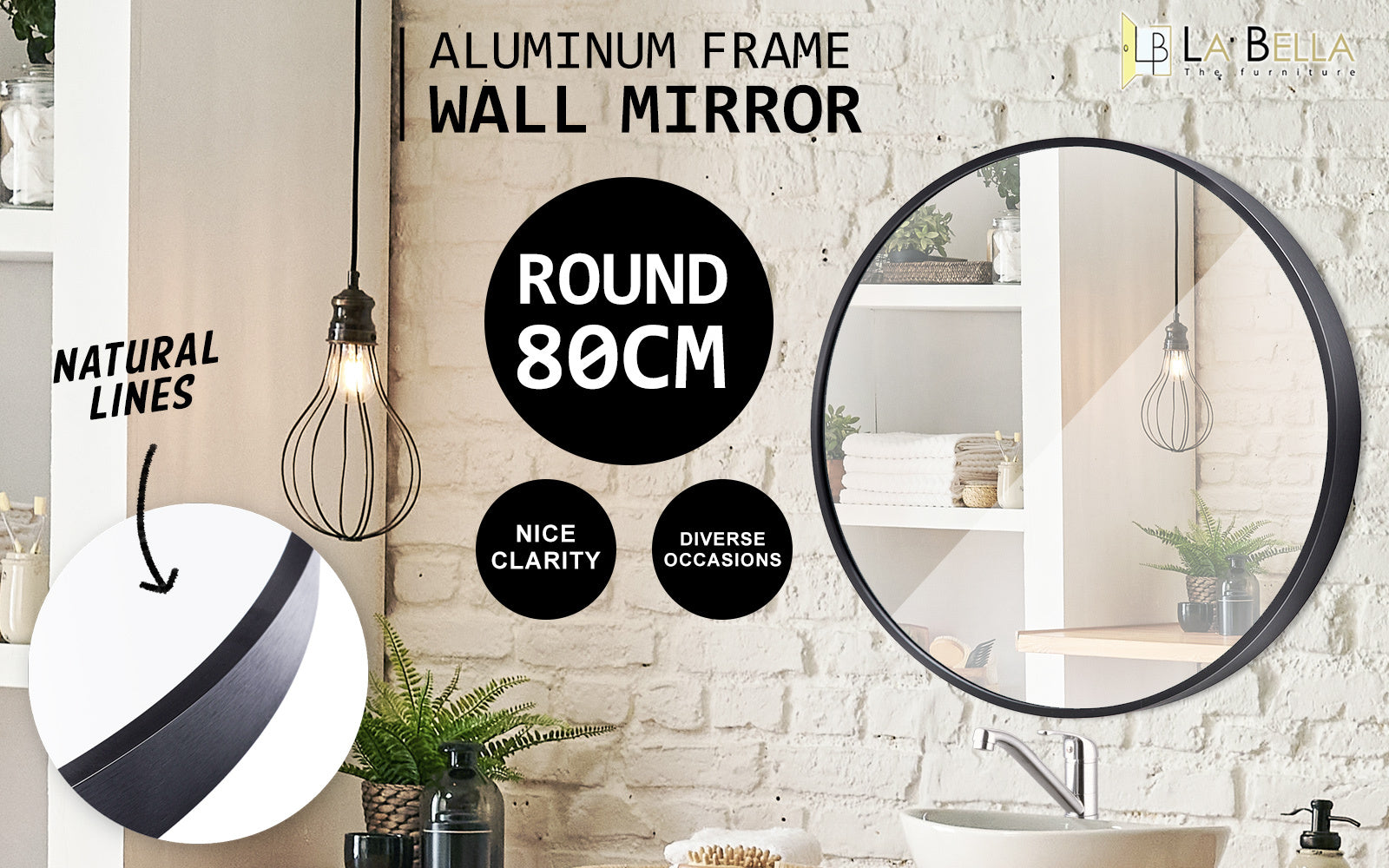 Wall Mirror Round Aluminum Frame Bathroom 80cm BLACK V274-FT-BM-ALUR-BK80