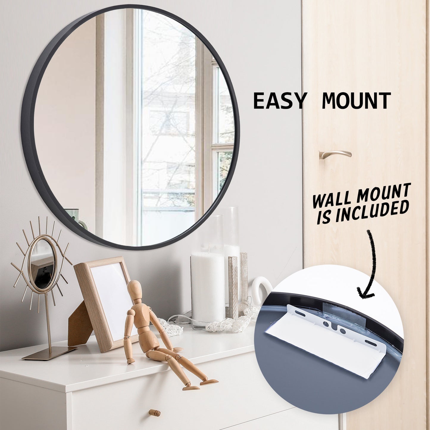 Wall Mirror Round Aluminum Frame Bathroom 80cm BLACK V274-FT-BM-ALUR-BK80